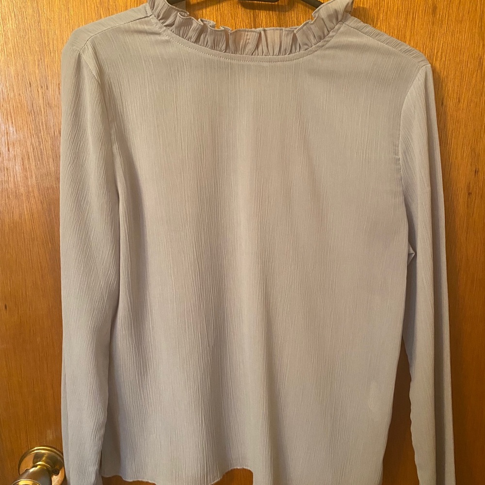Boohoo ruffled neck grey blouse